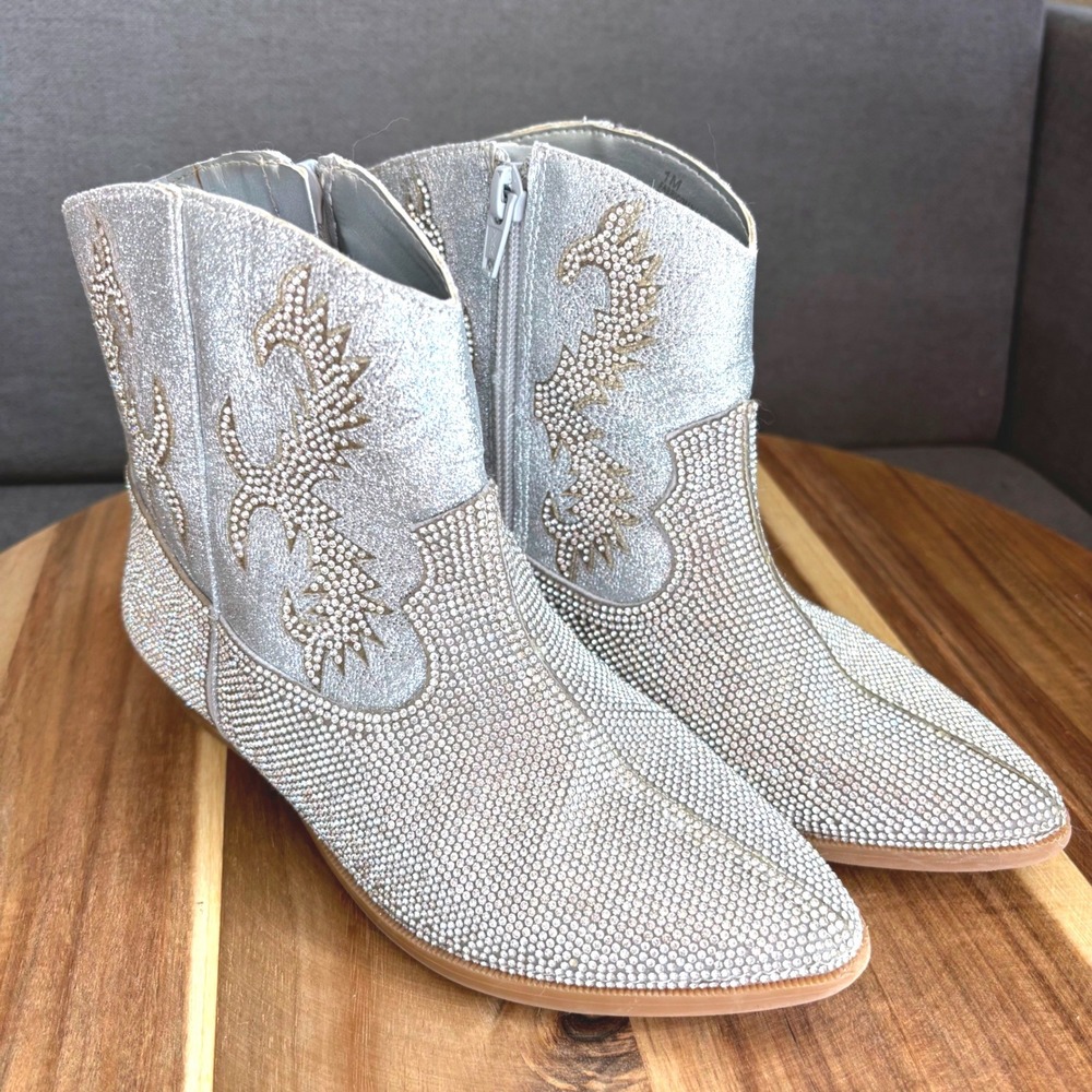 GB Girls Silver Rhinestone Western Cowboy Boots 1M